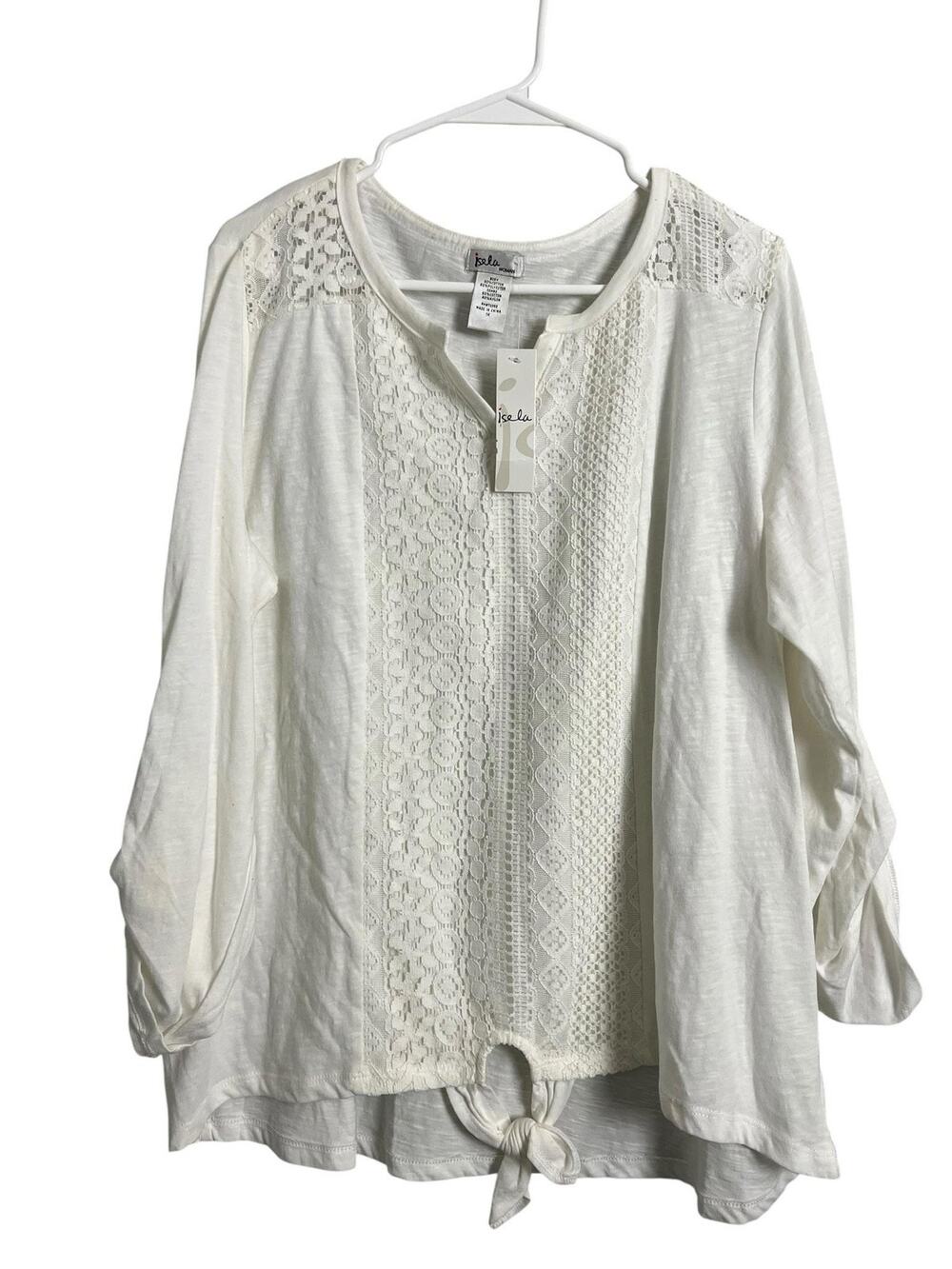 Isela Tunic Blouse Womens 1X White Crochet Lace Tie Front Roll Tab Sleeve Top